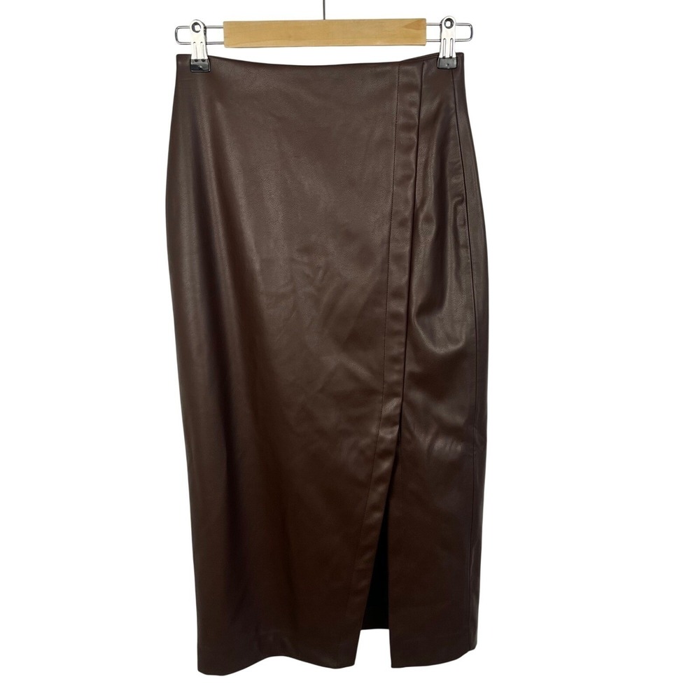 Nine West Faux Leather Midi Skirt Brown Wrap Front Slit Pencil XS Parisian Luxe